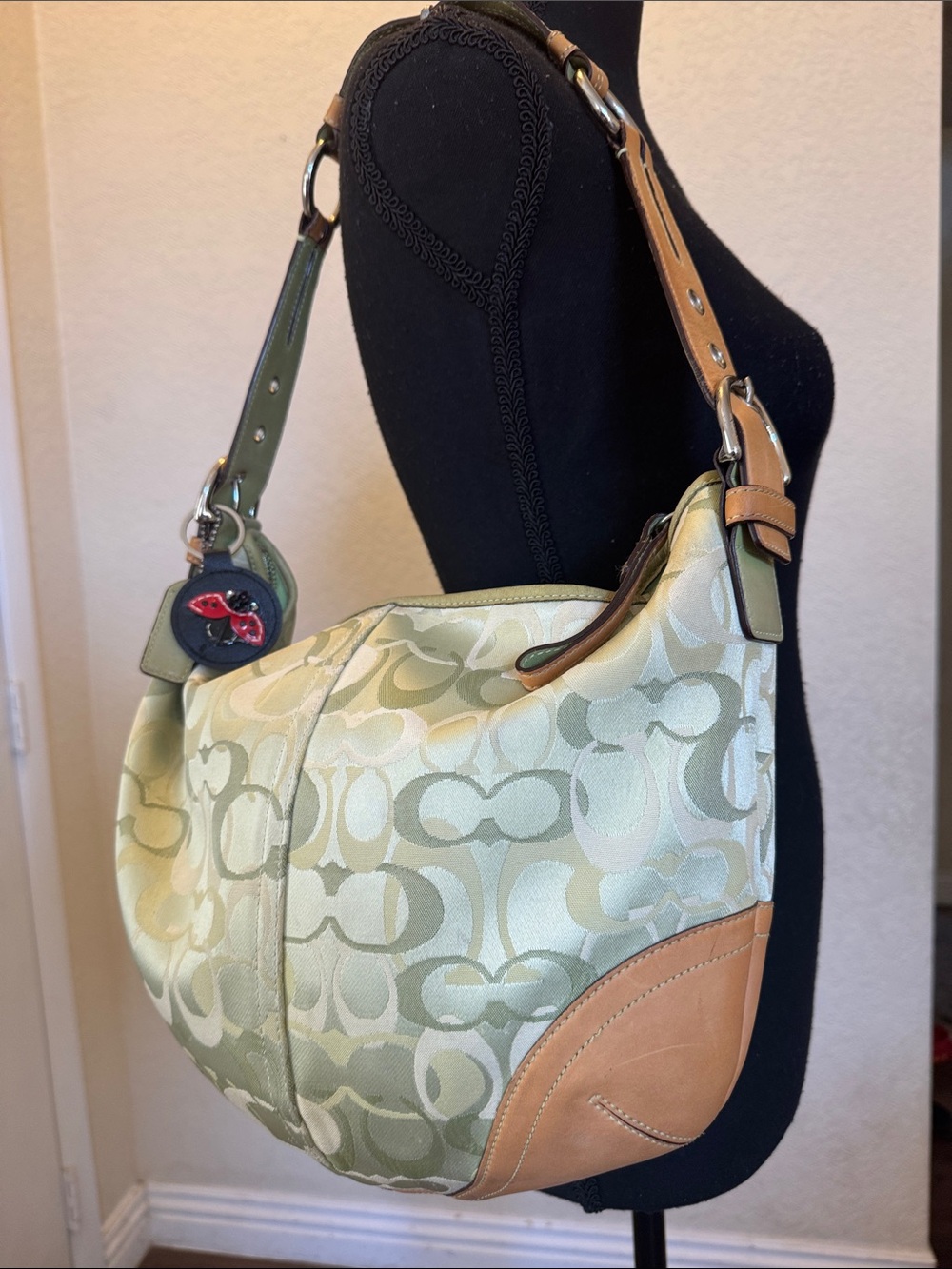 Coach Green Optic 1851 Shoulder Bag with handmade authentic ladybug keychain 🐞